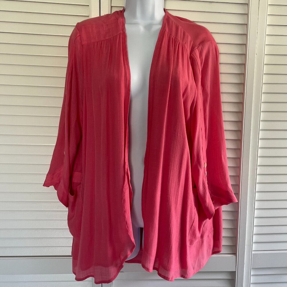 Picadilly Open Jacket, Front Pockets, 3/4 length Sleeves, Pink Salmon, Size L